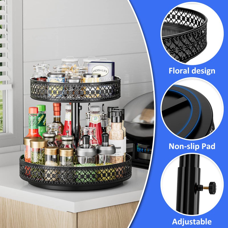 OVICAR Lazy Susan Organizer 2 Tier - Turntable Spice Rack 12 inch Adjustable Metal Rotating Lazy Susan for Cabinet Pantry Kitchen Countertop Dining Table Cupboard Bathroom Vanity Storage Black - Image 4