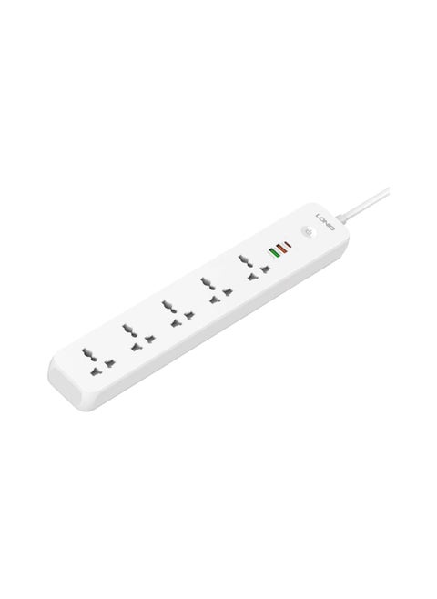 LDNIO SC5319 Multicolour Socket Extension Lead with 5 AC 3 USB Power Socket Plug Extender 2M Wall Mountable Universal Power Strip 2500 watts - White
