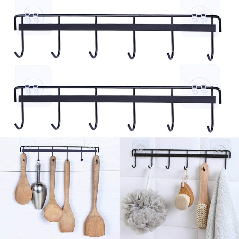 Rainmae Rainmae 2 Pack Wall Hooks Rack Rail Space Saving Wall Hanger No Drilling with 6 Hooks for Bathroom Bedroom Closet Stainless Kitchen Tools for Hanging Knives Spoon 
