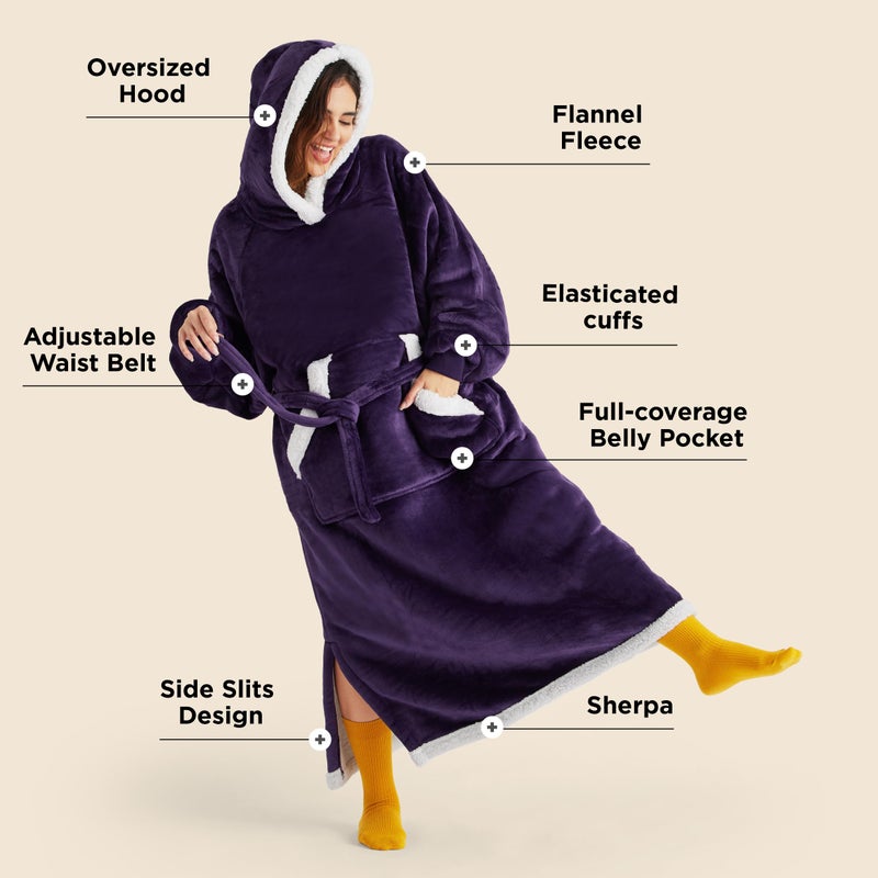 Bedsure Bedsure Wearable Blanket Hoodie Women - Long Sherpa Fleece Hooded Blanket for Adult Women Men  Warm Cozy Blanket Sweatshirt with Giant Pocket and Belt  Winter Gift for Girlfriend Mom  Standard  Purple  - Image 2