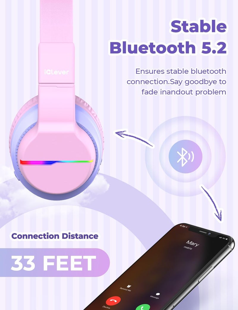 iClever Bluetooth Kids Headphones, BTH12 Colorful LED Lights Kids Wireless Headphones Over Ear with 74/85/94dB Volume Limited, 55H Playtime, Bluetooth 5.2, Built-in Mic for School/Tablet/PC - Image 5