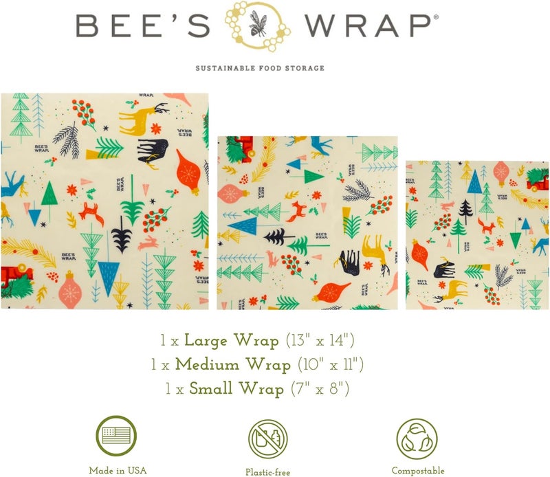 Bee's Wrap Beeswax Wraps for Food - Made in USA Reusable & Organic Food Wraps, Sandwich Wrap & Bowl Covers - Eco-Friendly Alternative to Aluminum Foil, Winter Wonderland 3 Pack (S, M, L) - Image 3