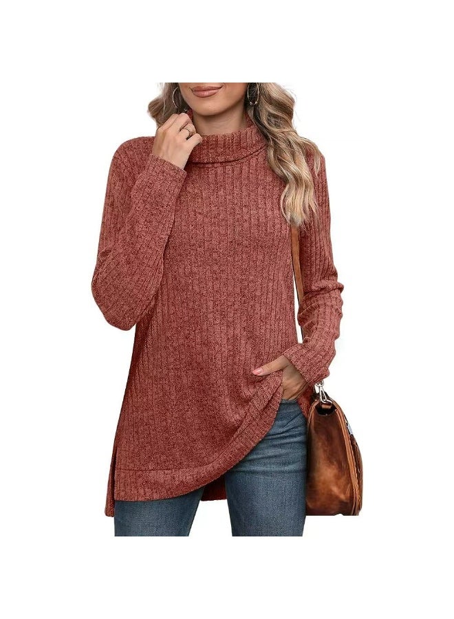 general Women's loose high-neck slit ribbed solid color T-shirt for autumn and winter 2025-2026 - Image 1