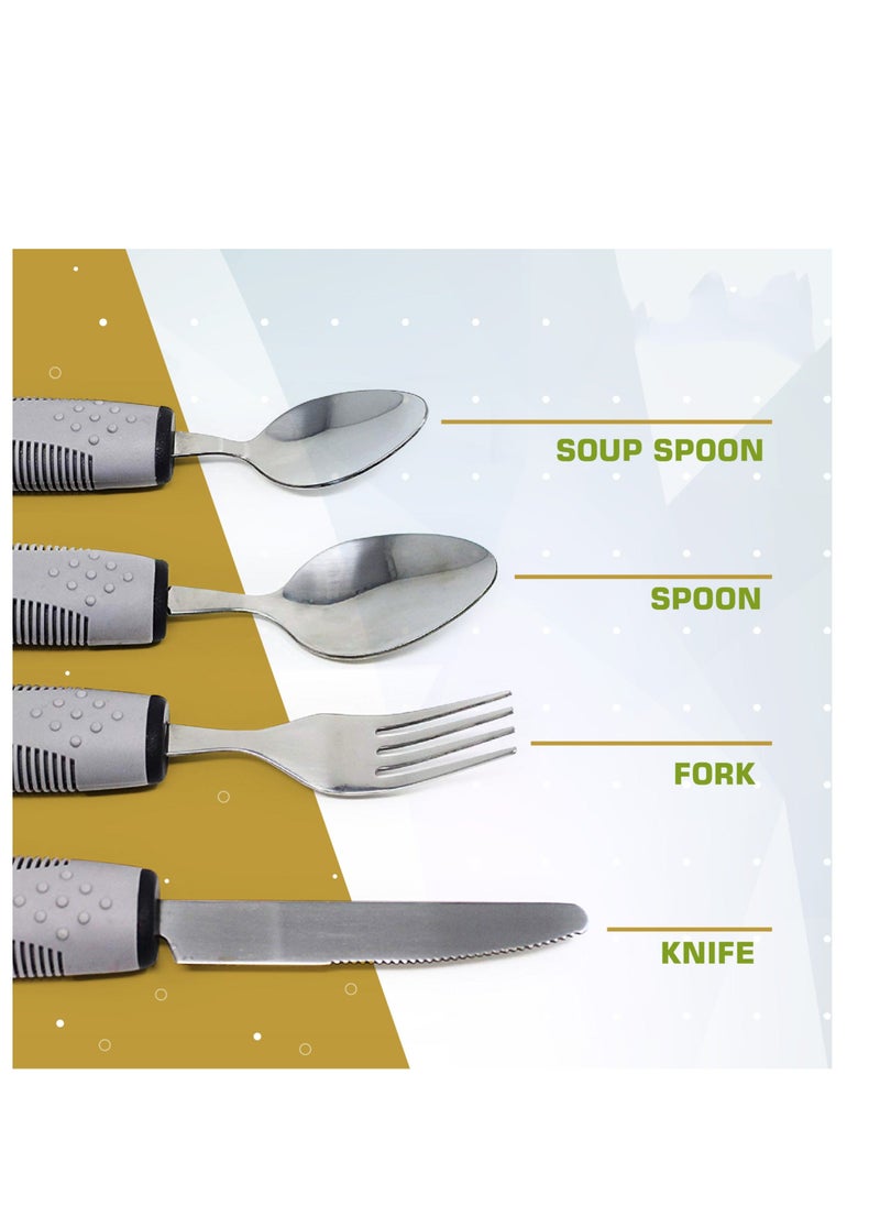 Easy Grip Adaptive Utensils - Weighted Flatware for Elderly & Handicap. Cutlery set with Non-Slip Ribbed Handles Arthritis, Tremors, Parkinsons Aids Stroke Recovery. 1 count (Set of 4)