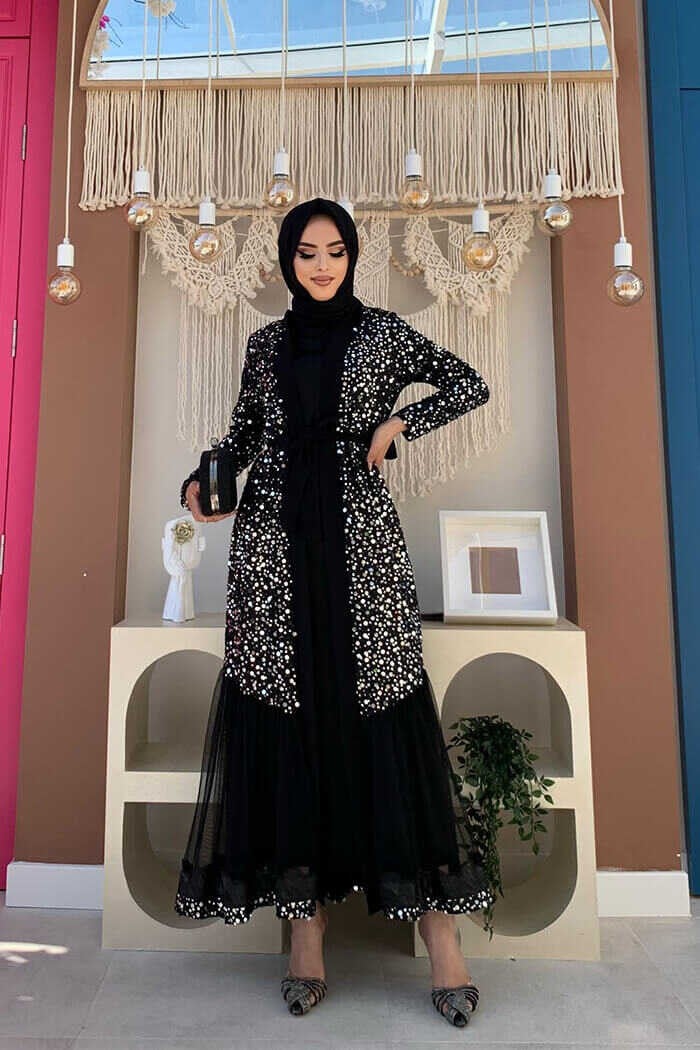 Bym Fashion Bym Tulle Embroidery Detail Sequined Abaya 7376 Silver  - Image 1
