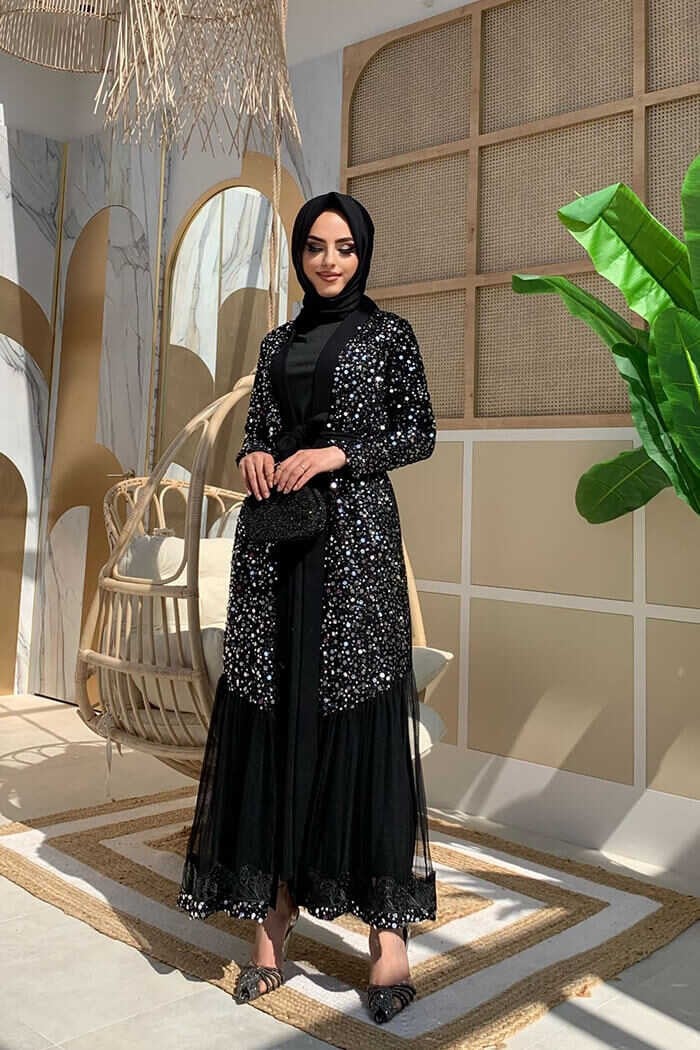 Bym Fashion Bym Tulle Embroidery Detail Sequined Abaya 7376 Silver  - Image 2