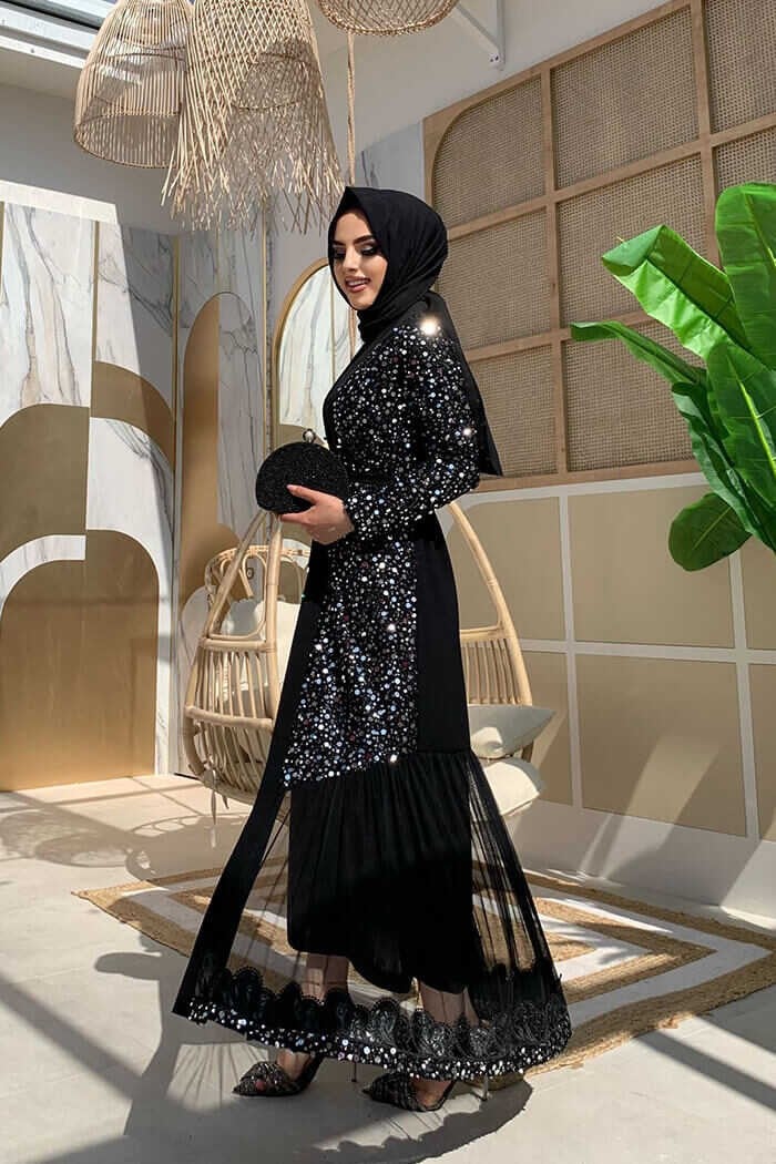 Bym Fashion Bym Tulle Embroidery Detail Sequined Abaya 7376 Silver  - Image 3