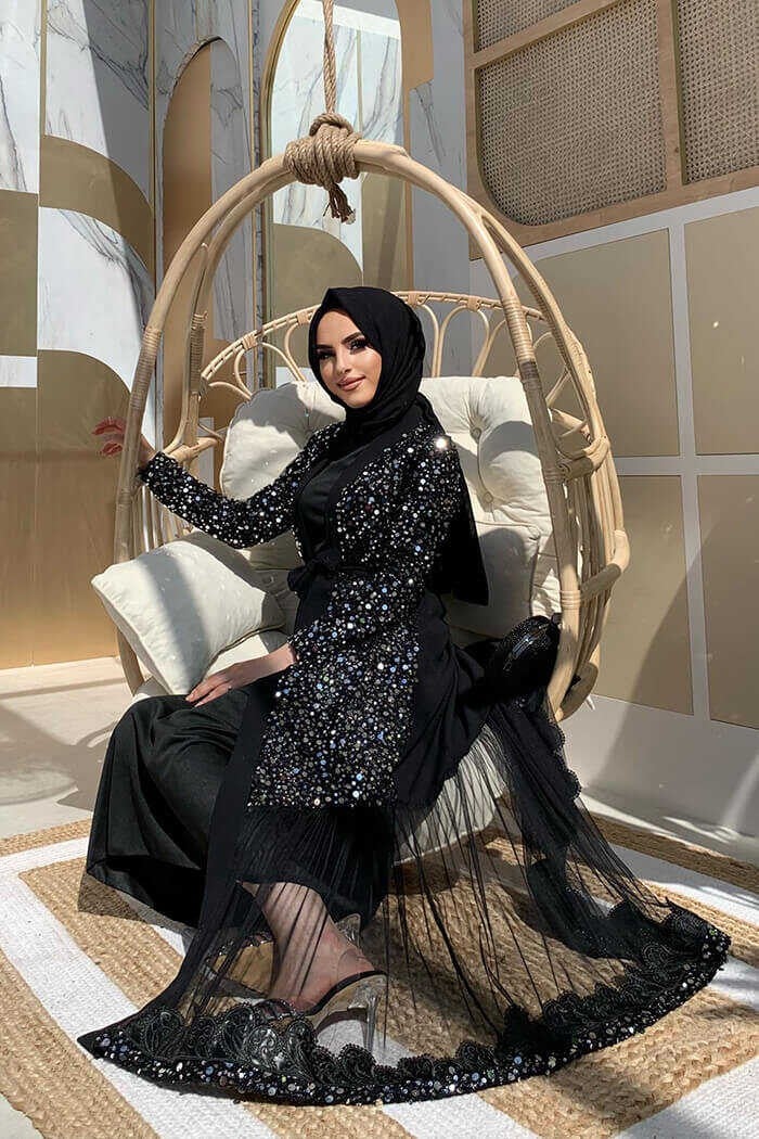 Bym Fashion Bym Tulle Embroidery Detail Sequined Abaya 7376 Silver  - Image 4