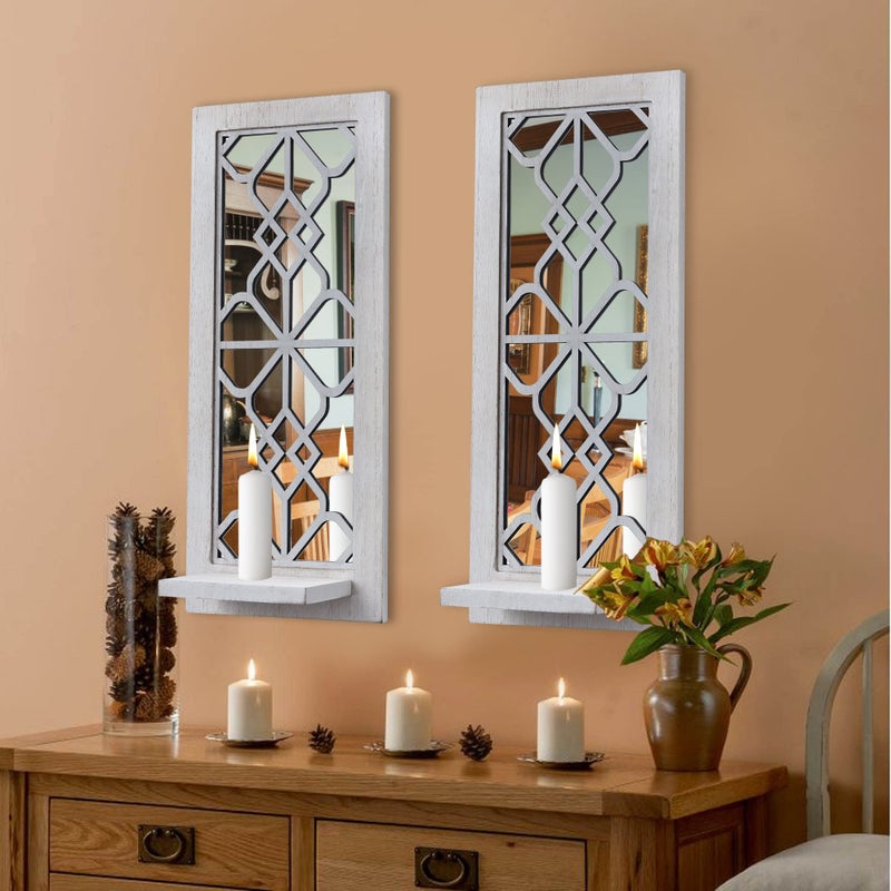 ZEXUIRU Wood Wall Sconce Candle Holder Set 2 Rustic WallMount Candle Holders Farmhouse Hanging Wall Dcor Carved Wood Frame Mirrored Candle Holder Distressed White 