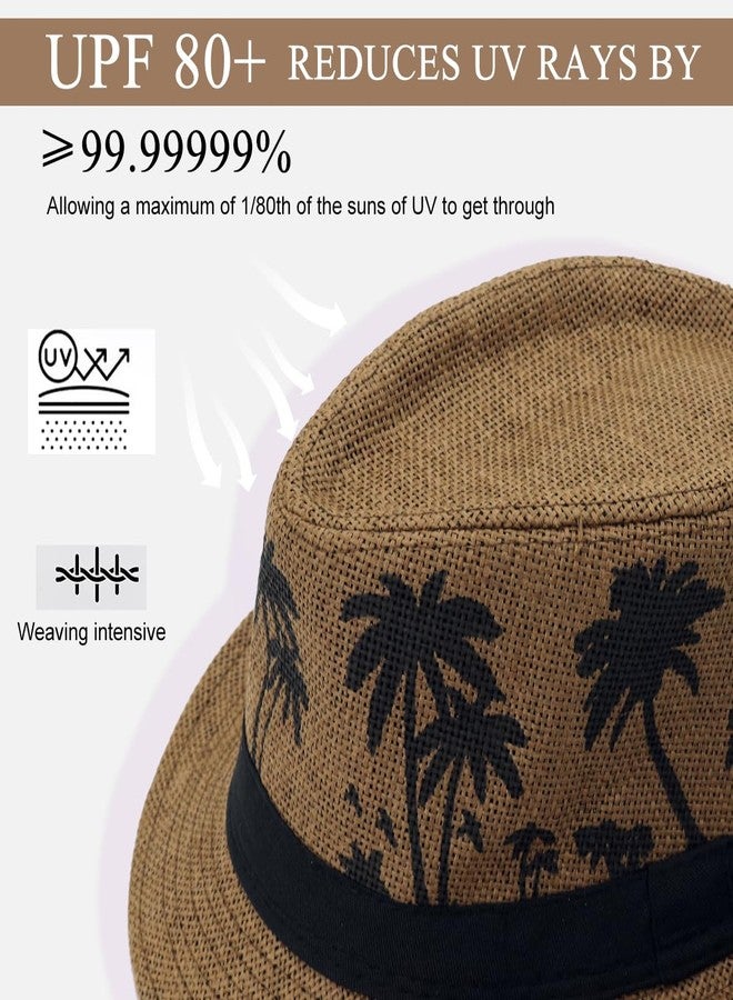 Gustave® Straw Hat for Men Woman, Beach Hat for Women, Coconut Palm Print Panama Fedora Womens Hats, Fashion Travel Summer Mens Sun Hats - Short Brim, UPF 50+, Khaki - Image 5