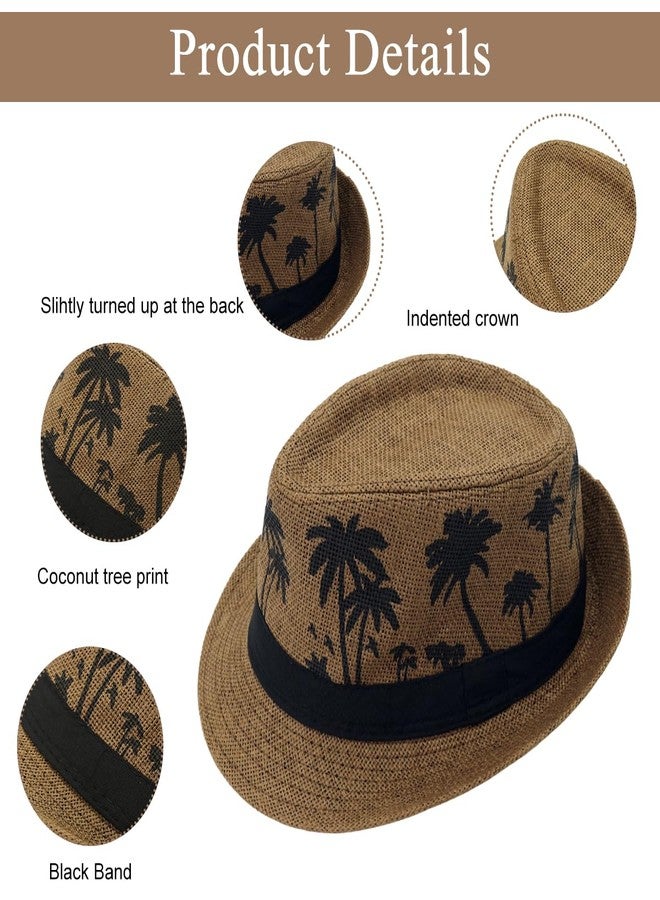 Gustave® Straw Hat for Men Woman, Beach Hat for Women, Coconut Palm Print Panama Fedora Womens Hats, Fashion Travel Summer Mens Sun Hats - Short Brim, UPF 50+, Khaki - Image 3
