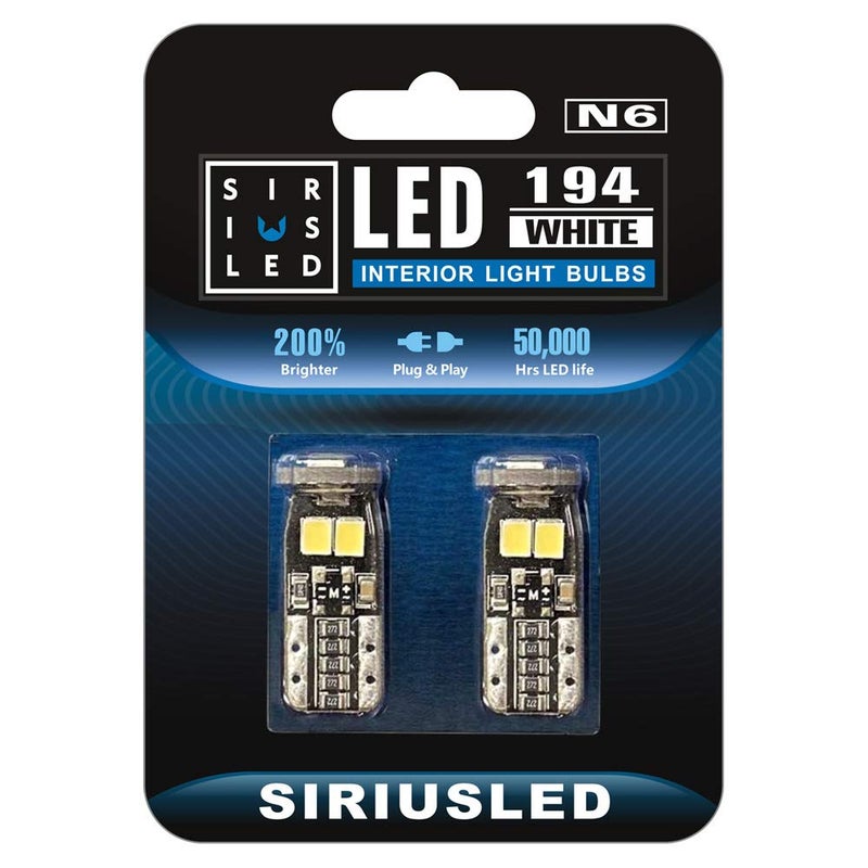 SIRIUSLED N6 194 Extremely Bright 3030 Chipset LED Bulbs for Car Interior Lights License Plate Dome Map Side Marker Door Courtesy Wedge 6000K Xenon White 168 175 174 2825 T10 192 Pack of 2