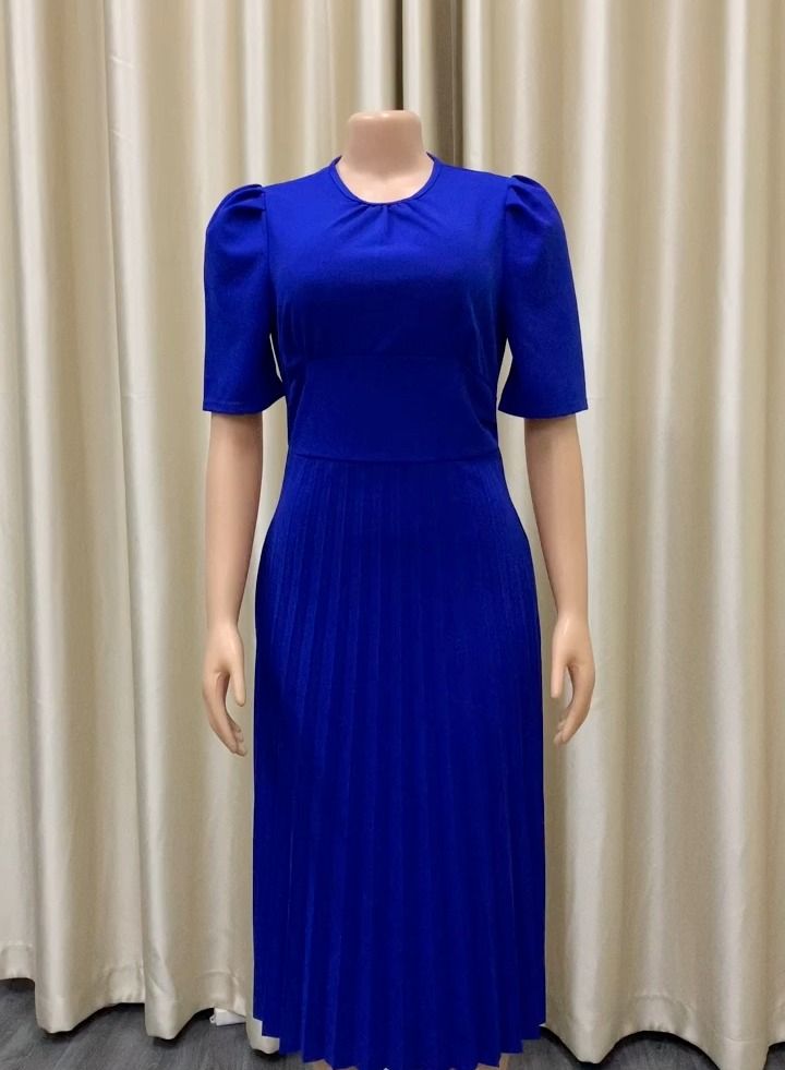 Loquat Women's Large Short Sleeve Pleated Solid Color Dress Blue  - Image 3