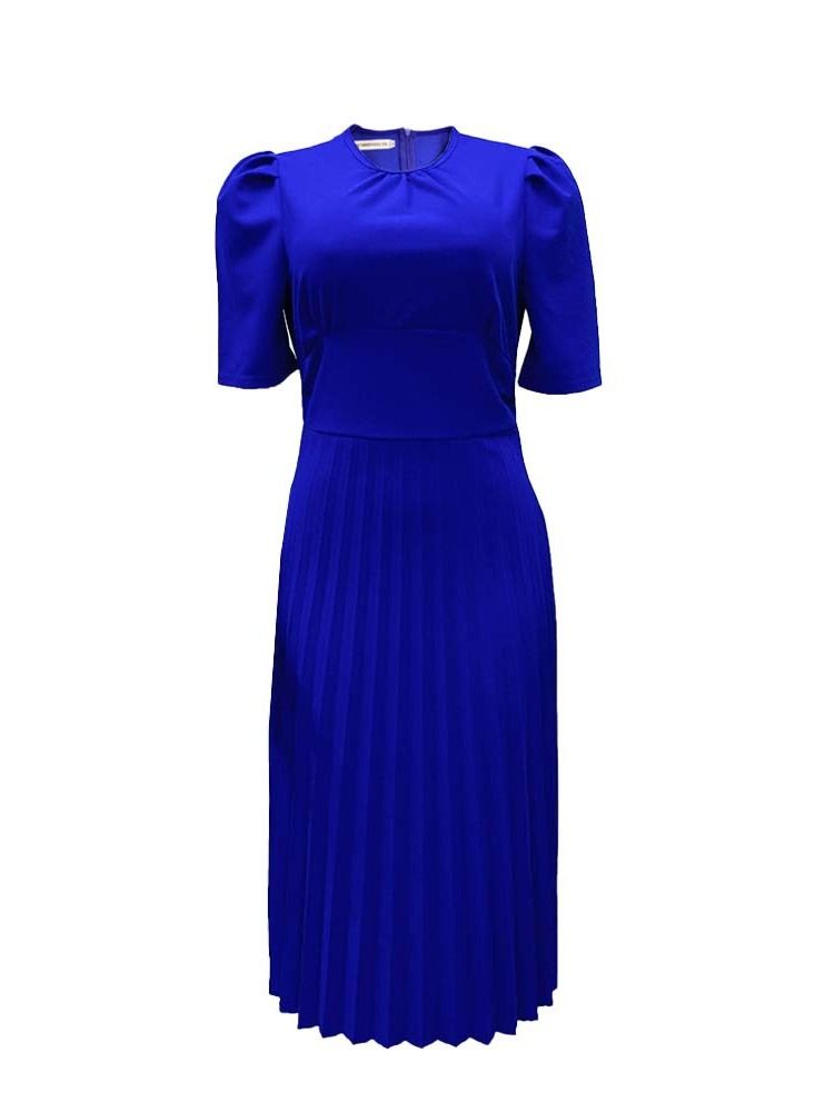Loquat Women's Large Short Sleeve Pleated Solid Color Dress Blue  - Image 1