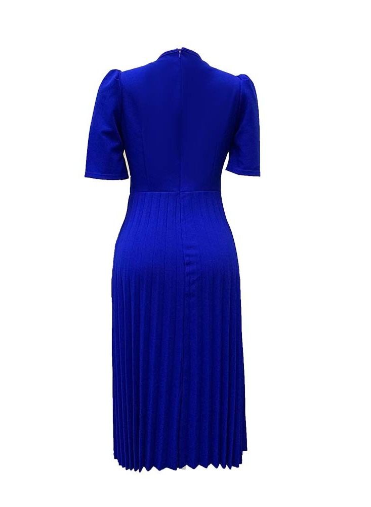Loquat Women's Large Short Sleeve Pleated Solid Color Dress Blue  - Image 2