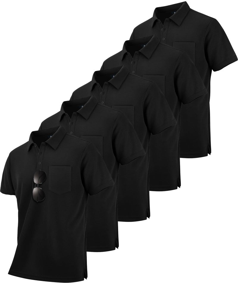 SCODI 5 Pack Mens Pocket Polo Shirts Short Sleeve Multipack Golf Shirt for Men Moisture Wicking Casual Athletic Work T-Shirts Black L - Image 1