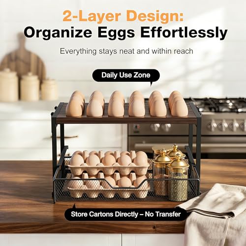 Wolera 2-Tier Wooden Egg Holder Countertop with Basket – Holds 24+60 Chicken, Duck & Quail Eggs, Easter Eggs – Compact Countertop Holder with Carry Handle for Easy Transport - Image 4