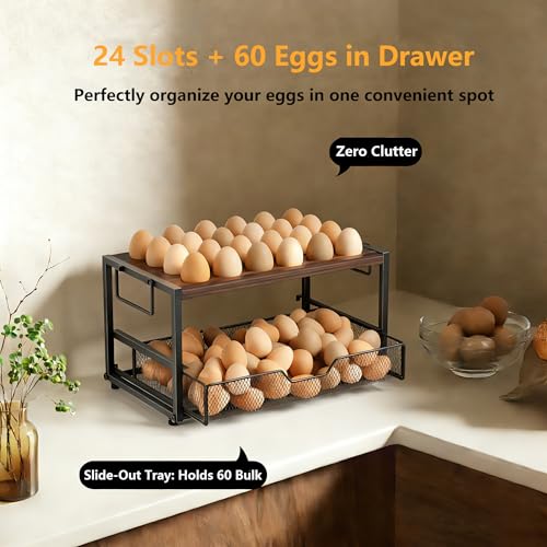Wolera 2-Tier Wooden Egg Holder Countertop with Basket – Holds 24+60 Chicken, Duck & Quail Eggs, Easter Eggs – Compact Countertop Holder with Carry Handle for Easy Transport - Image 3