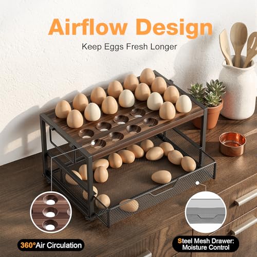 Wolera 2-Tier Wooden Egg Holder Countertop with Basket – Holds 24+60 Chicken, Duck & Quail Eggs, Easter Eggs – Compact Countertop Holder with Carry Handle for Easy Transport - Image 5