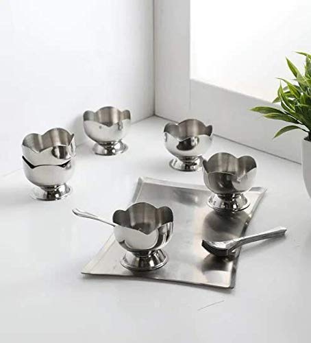 UE UE Ufinite Stainless Steel Lotus Design Dessert Ice Cream Cups with Spoon 6 Psc Bowl Set Silver Serving Bowl for Ice CreamFruitsPudding Gift Article  - Image 3