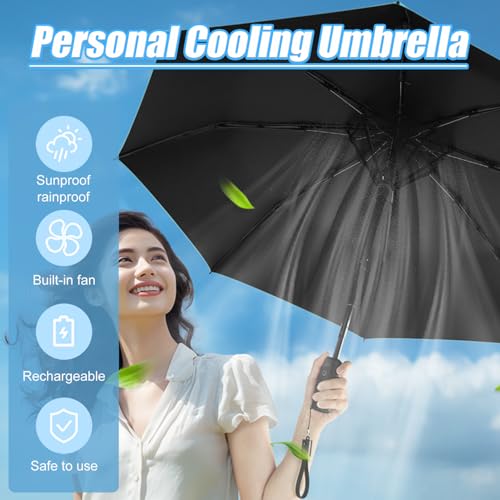 WOOLALA Portable Umbrella with Fan, UPF 50+ Sun and Rain Umbrellas Travel with Personal Cooling Fan, 2600mAh USB Rechargeable, Folding Compact Size Black, Pink, Blue Color for Hot Summer - Image 3
