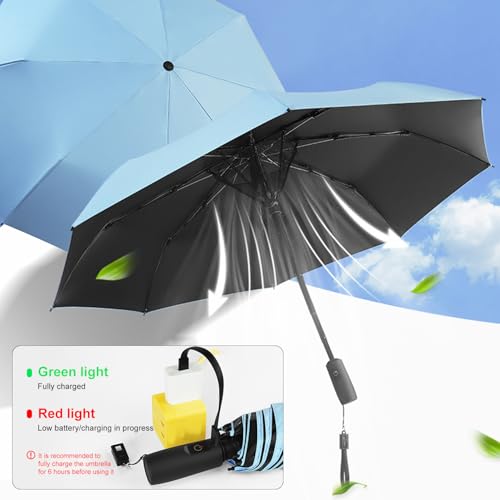 WOOLALA Portable Umbrella with Fan, UPF 50+ Sun and Rain Umbrellas Travel with Personal Cooling Fan, 2600mAh USB Rechargeable, Folding Compact Size Black, Pink, Blue Color for Hot Summer - Image 4