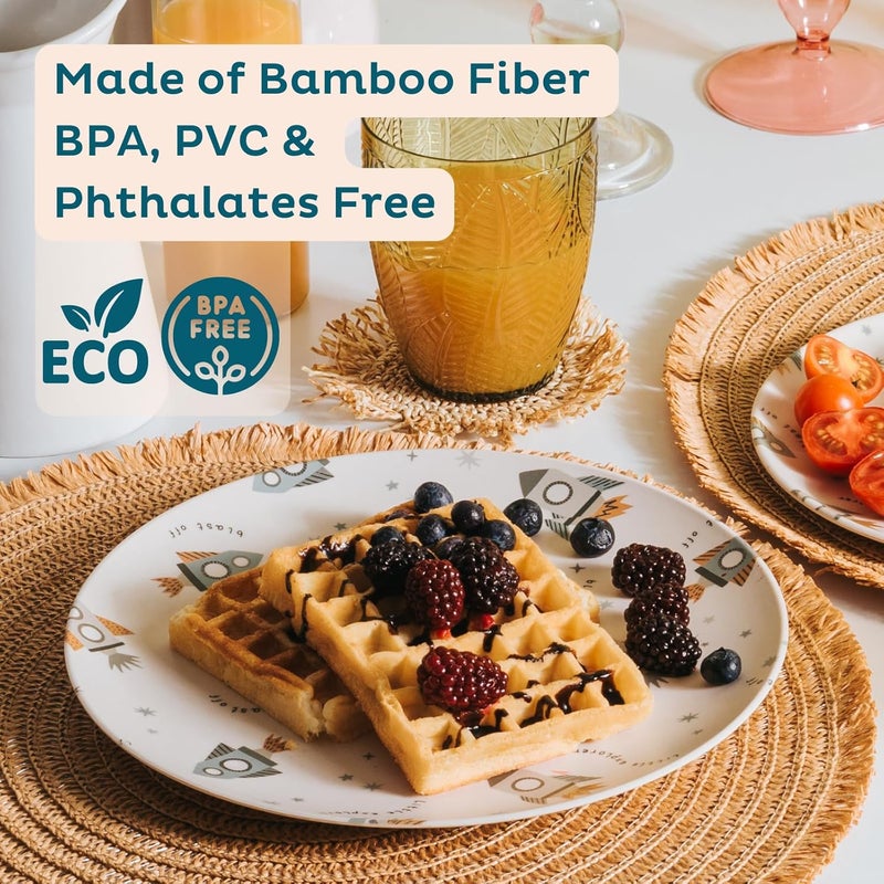 Nook Theory 4 Pack Reusable Bamboo Plates  NonToxic Toddler and Kids Plate Dishwasher Safe Not Microwavable Dinnerware Space 8 - Image 4