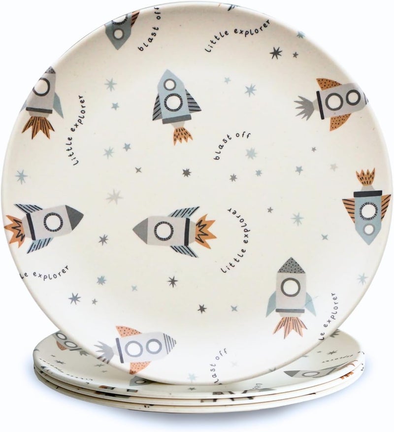 Nook Theory 4 Pack Reusable Bamboo Plates  NonToxic Toddler and Kids Plate Dishwasher Safe Not Microwavable Dinnerware Space 8 - Image 1