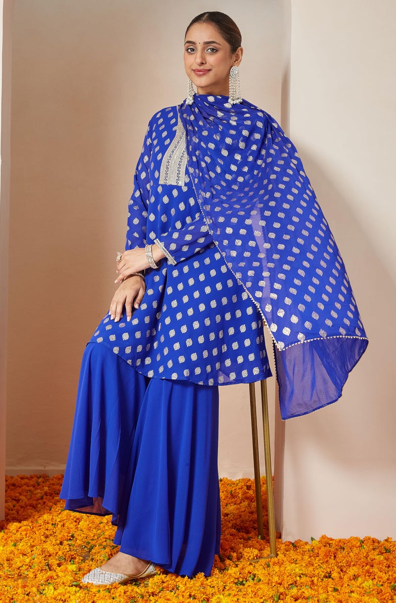 Janasya Women's Royal Blue Georgette Embellished Gold Printed A-line Kurta with Sharara & Dupatta Set (JAB25ST02699-XL) - Image 5