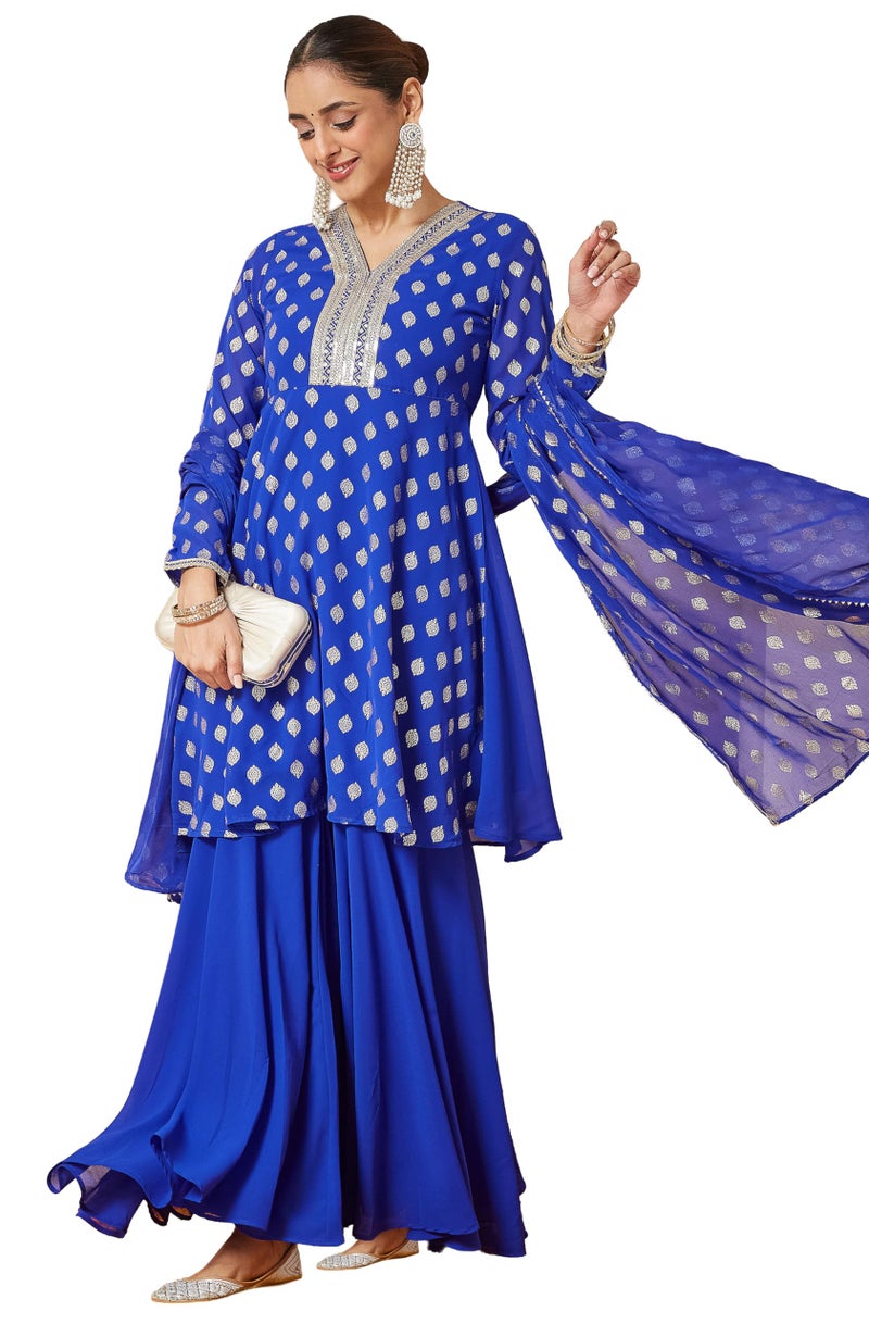 Janasya Women's Royal Blue Georgette Embellished Gold Printed A-line Kurta with Sharara & Dupatta Set (JAB25ST02699-XL) - Image 1