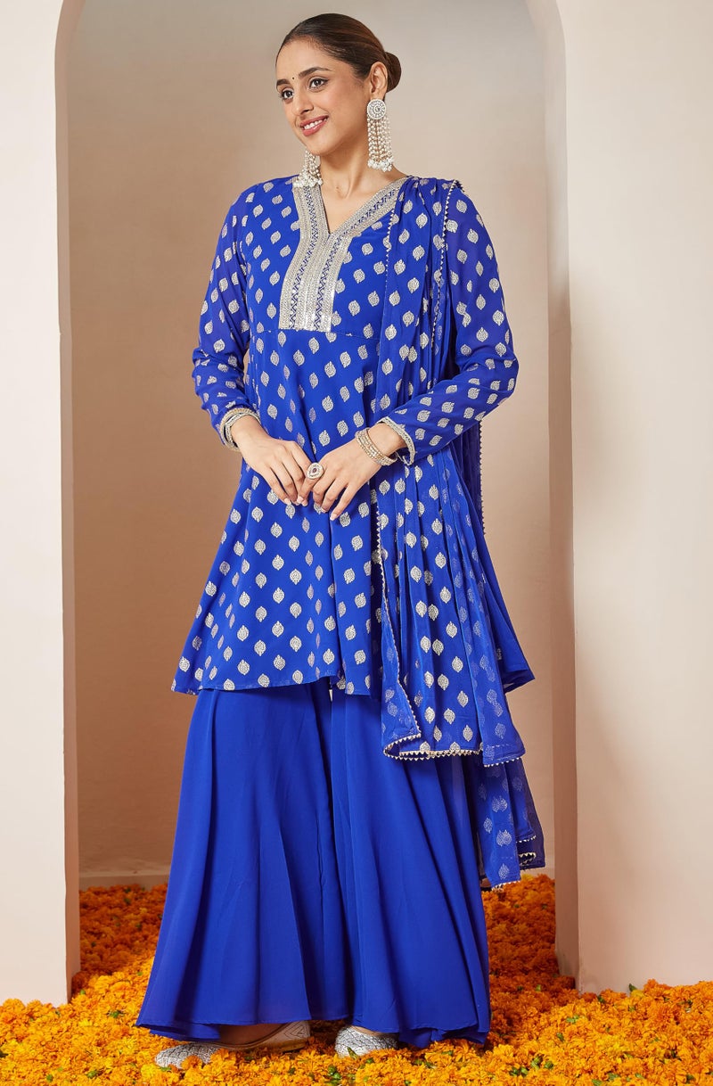 Janasya Women's Royal Blue Georgette Embellished Gold Printed A-line Kurta with Sharara & Dupatta Set (JAB25ST02699-XL) - Image 3
