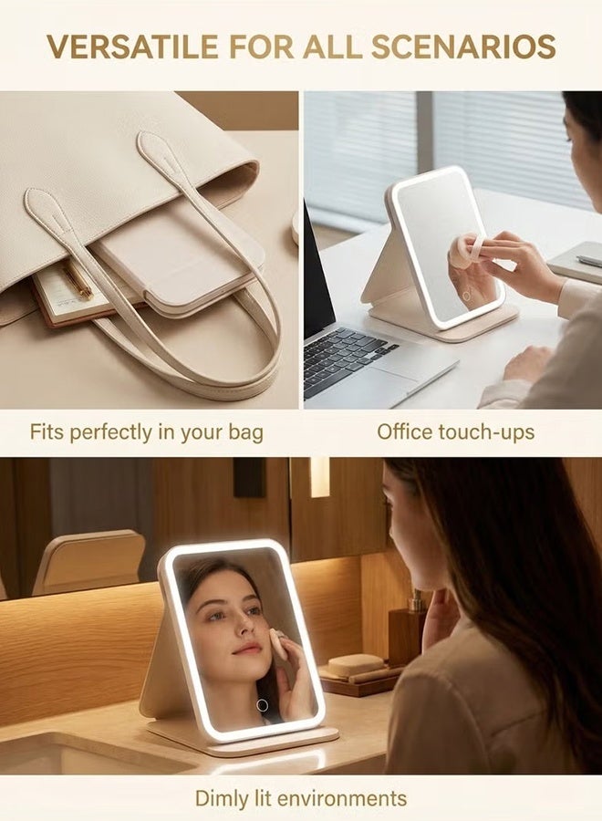 KANGLI Portable LED Makeup Mirror With Lights, Vanity Mirror for Women, Touch Control with 3 Color Lighting Modes, HD Mirror Foldable Stand Adjustable Angle, Rechargeable Battery, USB Rechargeable, Light Mirror, Table Mirror, Led Mirror for Home Office Travel Makeup Skincare (White) - Image 3