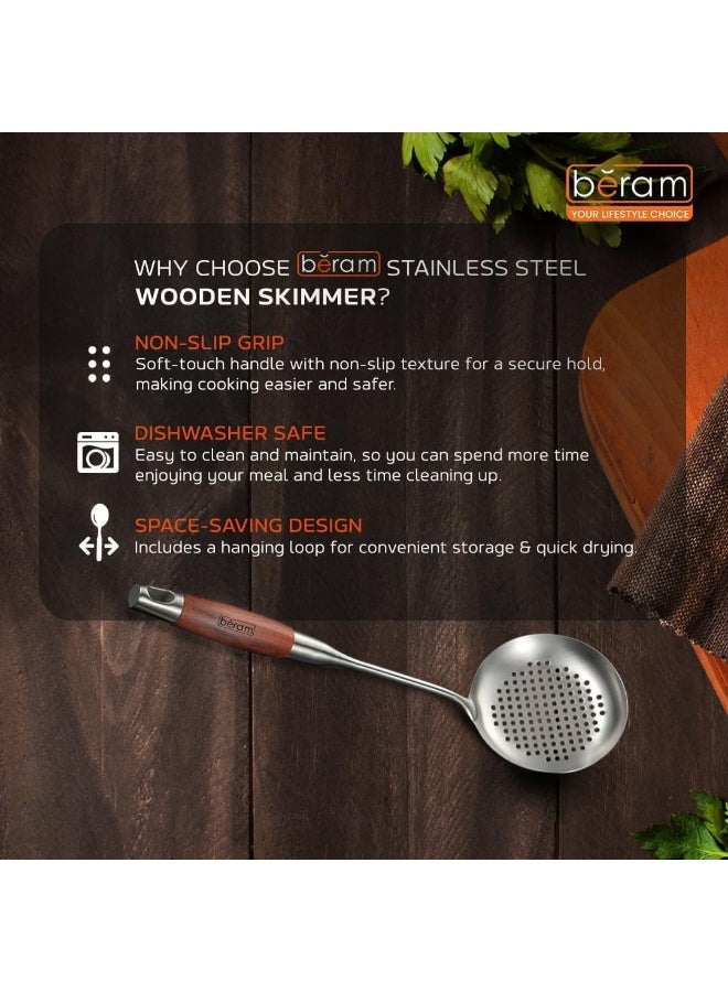 BERAM Stainless Steel Skimmer Strainer with Elegant Wooden Handles – Heavy-Duty Kitchen Tool for Frying, Boiling, Straining, and Draining – Durable 304 Food-Grade Serving and Everyday Kitchen Use. - Image 3