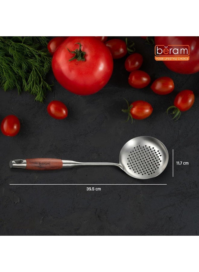 BERAM Stainless Steel Skimmer Strainer with Elegant Wooden Handles – Heavy-Duty Kitchen Tool for Frying, Boiling, Straining, and Draining – Durable 304 Food-Grade Serving and Everyday Kitchen Use. - Image 5
