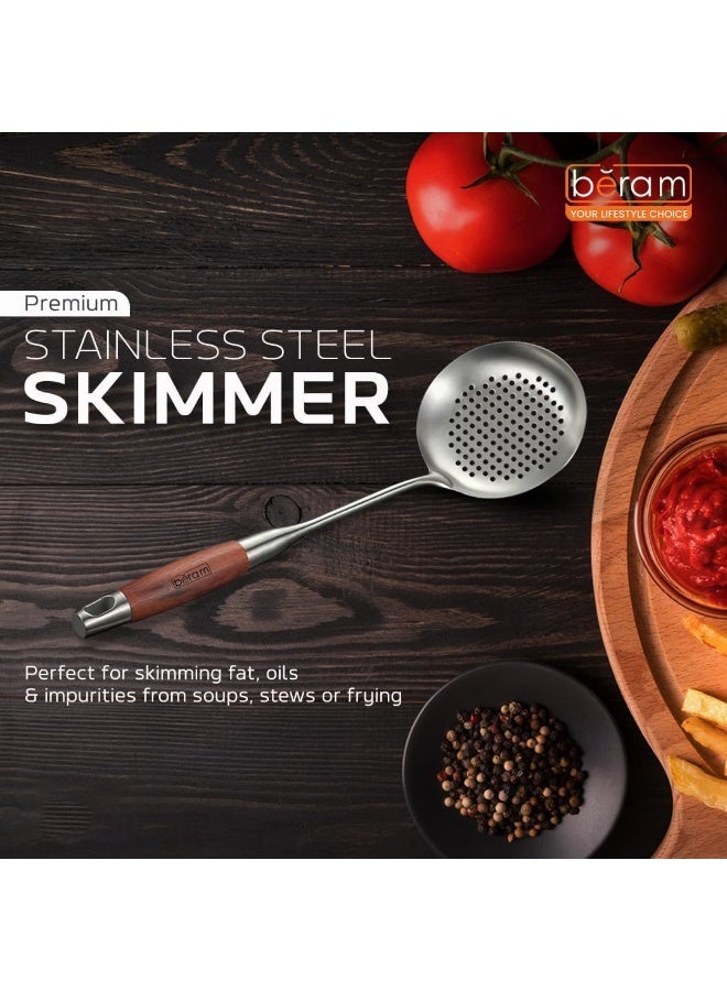 BERAM Stainless Steel Skimmer Strainer with Elegant Wooden Handles – Heavy-Duty Kitchen Tool for Frying, Boiling, Straining, and Draining – Durable 304 Food-Grade Serving and Everyday Kitchen Use. - Image 4