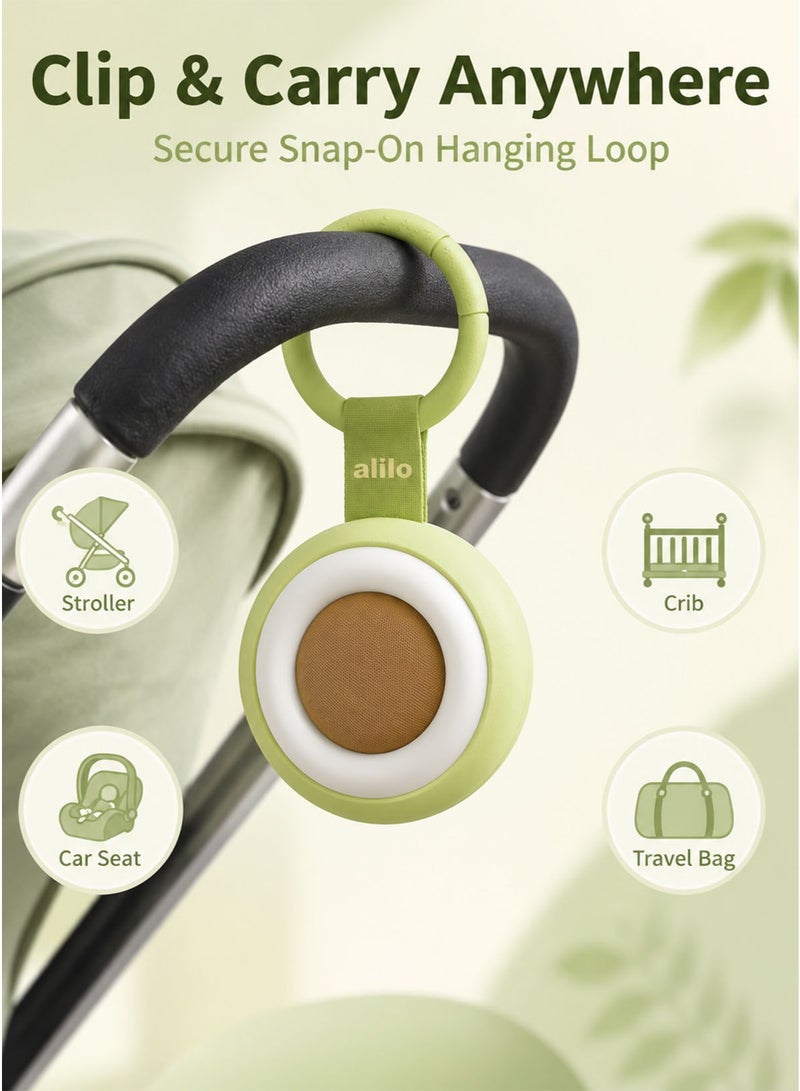 alilo Pocket Soother White Noise Machine for Baby 0+ Months Newborn Portable Avocado Baby Sound Machine with Soft Night Light 30 Soothing Sounds 3 Glow Modes 1000mAh Rechargeable Battery Type-C Charging Auto-Off Timer Memory Function Loop Modes Dual Volume Control Snap-On Hanging Loop for Crib Stroller Car Seat Travel and Bedtime Routine - Image 5