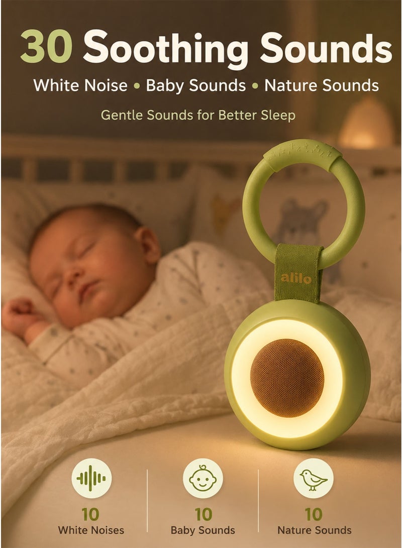 alilo Pocket Soother White Noise Machine for Baby 0+ Months Newborn Portable Avocado Baby Sound Machine with Soft Night Light 30 Soothing Sounds 3 Glow Modes 1000mAh Rechargeable Battery Type-C Charging Auto-Off Timer Memory Function Loop Modes Dual Volume Control Snap-On Hanging Loop for Crib Stroller Car Seat Travel and Bedtime Routine - Image 2