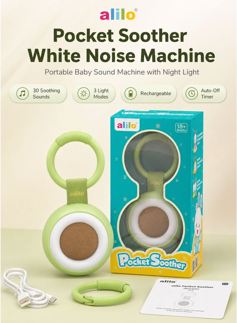 alilo Pocket Soother White Noise Machine for Baby 0+ Months Newborn Portable Avocado Baby Sound Machine with Soft Night Light 30 Soothing Sounds 3 Glow Modes 1000mAh Rechargeable Battery Type-C Charging Auto-Off Timer Memory Function Loop Modes Dual Volume Control Snap-On Hanging Loop for Crib Stroller Car Seat Travel and Bedtime Routine - Image 1