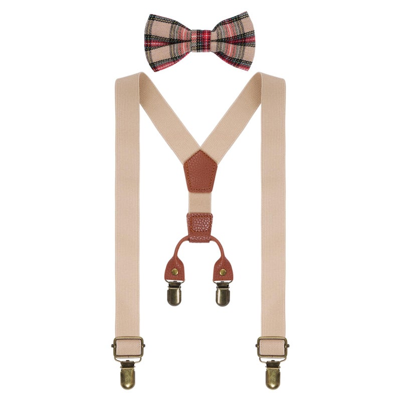 mifengda Boys Suspenders and Bow Tie Set Kids Suspenders and Pre-Tied Bow Tie Adjustable Toddler Baby Boy Suspenders BowTie Set for Kids Wedding Party 100th Day of School (Beige) - Image 1