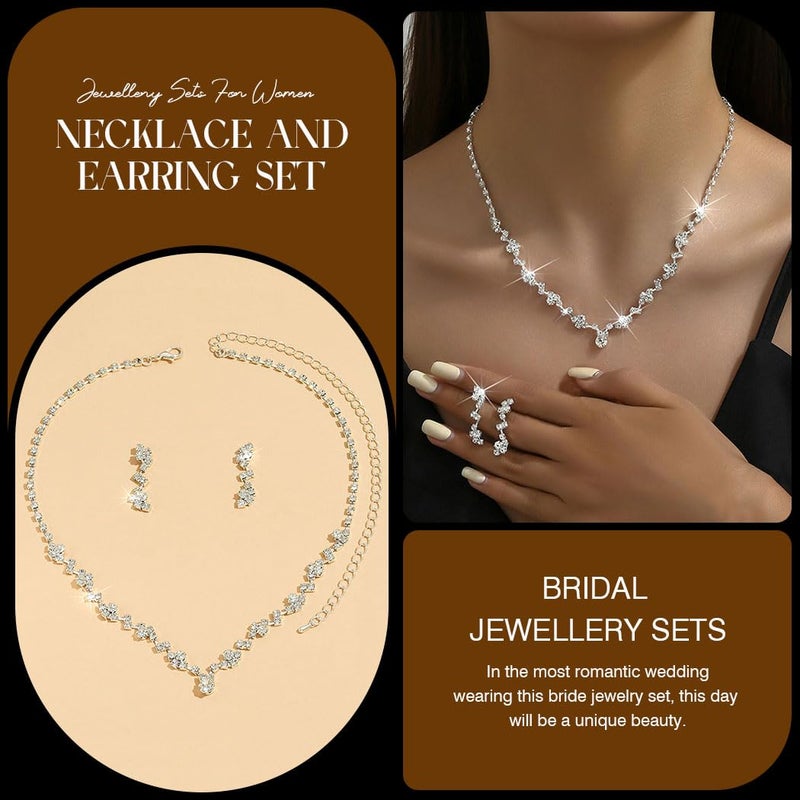 Unicra Bride Crystal Necklace Earrings Set Bridal Wedding Jewelry Sets Rhinestone Choker Necklace Prom Costume Jewelry Set for Women and Brides (3 piece set - 2 earrings and 1 necklace) (silver) - Image 5