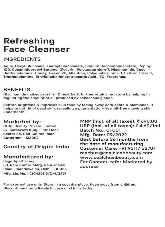 COAL CLEAN BEAUTY Refreshing Face Cleanser ; Saffron Extract Niacinamide Honey Decyl Glucoside Glycerin ; Deep Cleanses Pores Removes Oil & Dead Skin ; Men ; All Skin Types 150 Ml  - Image 3