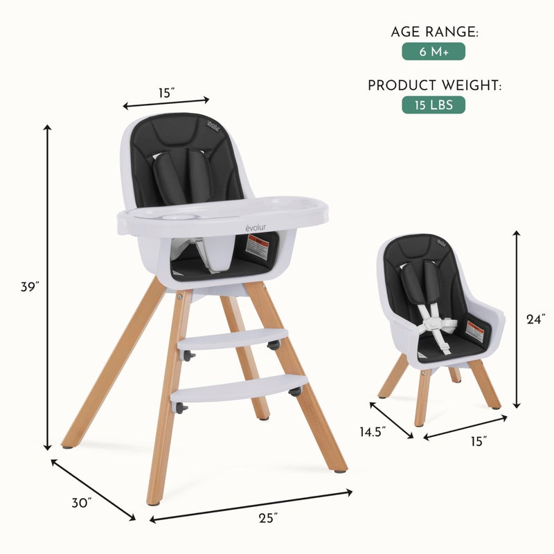 Evolur Ã©volur Zoodle 2-in-1 High Chair for Baby & Toddler â€“ Convertible High Chair to Toddler Chair, Padded Seat, 5-Point Safety Harness, Dual Dishwasher-Safe Trays, Solid Beechwood Legs â€“ Black - Image 2