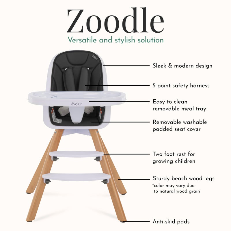 Evolur Ã©volur Zoodle 2-in-1 High Chair for Baby & Toddler â€“ Convertible High Chair to Toddler Chair, Padded Seat, 5-Point Safety Harness, Dual Dishwasher-Safe Trays, Solid Beechwood Legs â€“ Black - Image 5