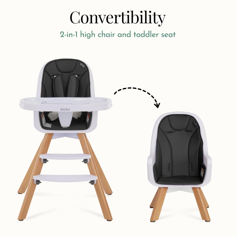 Evolur Ã©volur Zoodle 2-in-1 High Chair for Baby & Toddler â€“ Convertible High Chair to Toddler Chair, Padded Seat, 5-Point Safety Harness, Dual Dishwasher-Safe Trays, Solid Beechwood Legs â€“ Black - Image 3