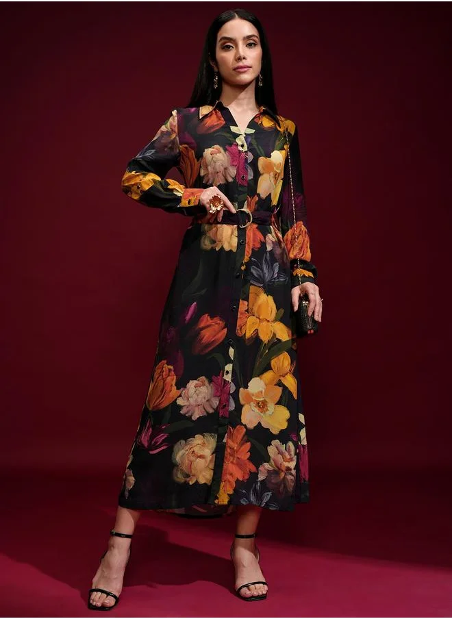 فيشود Vishudh Floral Printed Belted Shirt Midi Dress
