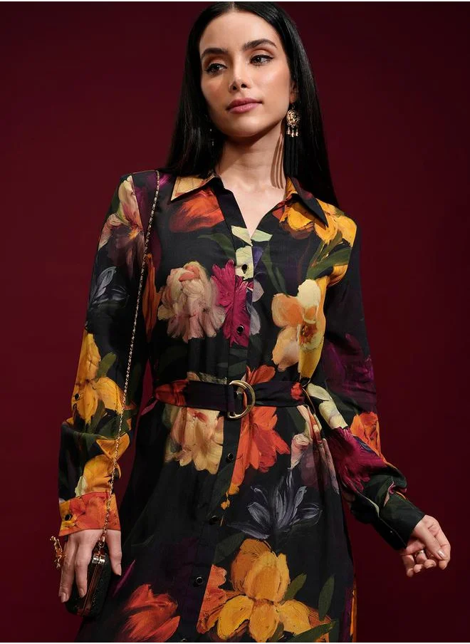 فيشود Vishudh Floral Printed Belted Shirt Midi Dress