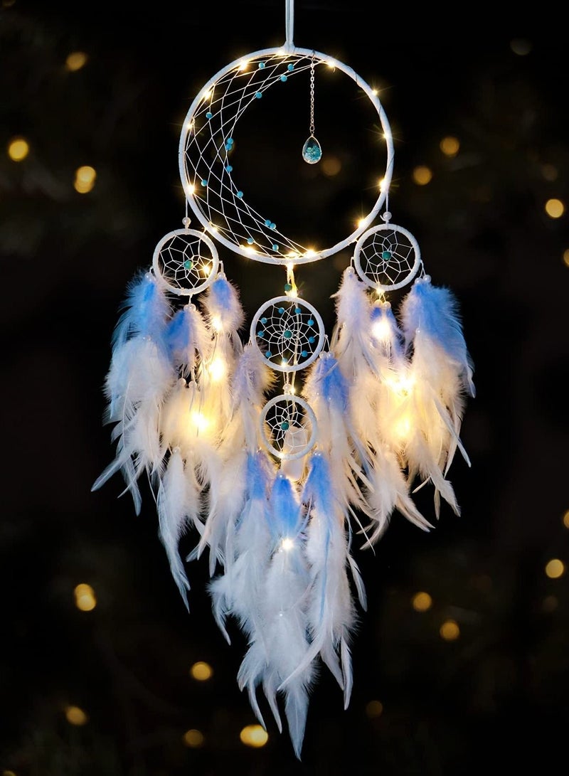 LED Light Up Dream Catcher Half Circle Moon Decor with Lights Handmade Feather Dreamcatchers for Bedroom Bohemian Home Wedding Ornament Craft Gift, Blue - Image 1