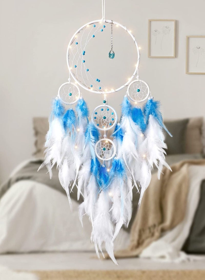 LED Light Up Dream Catcher Half Circle Moon Decor with Lights Handmade Feather Dreamcatchers for Bedroom Bohemian Home Wedding Ornament Craft Gift, Blue - Image 2