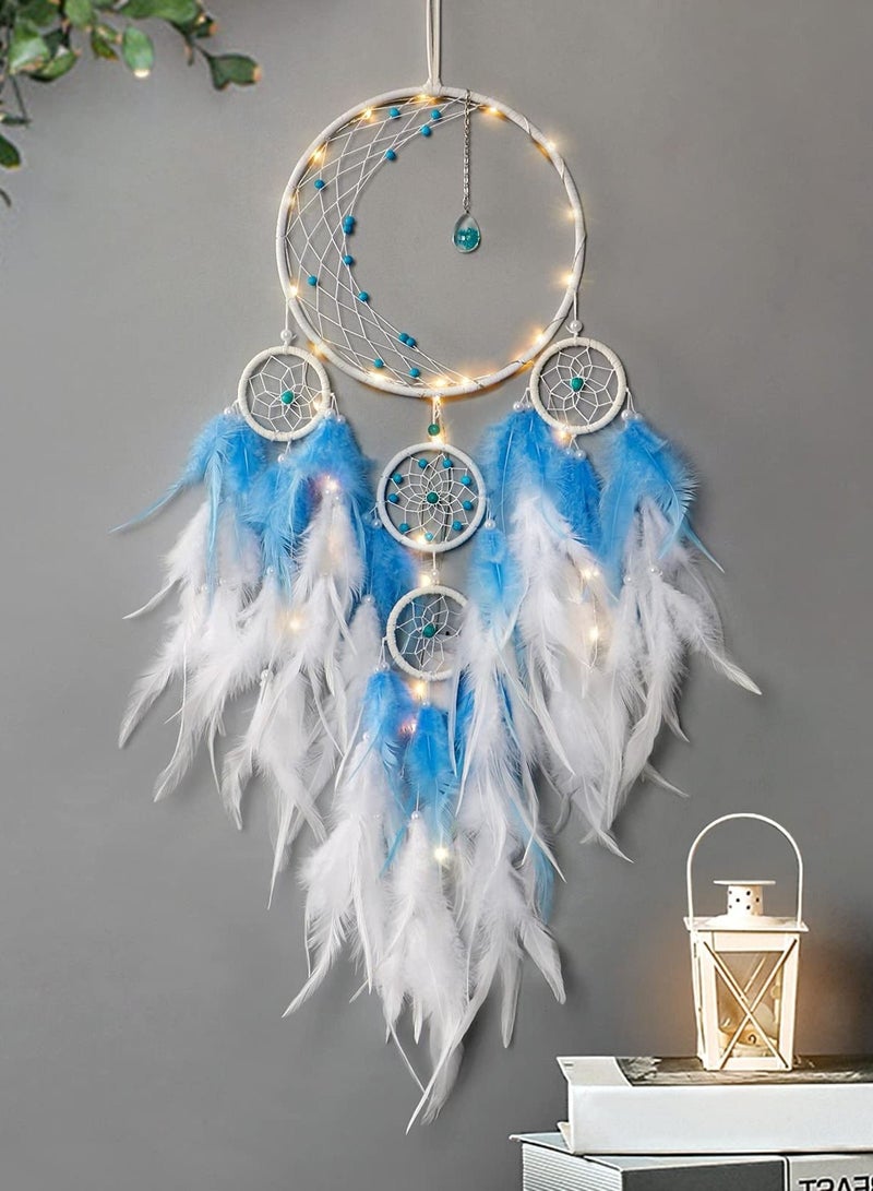 LED Light Up Dream Catcher Half Circle Moon Decor with Lights Handmade Feather Dreamcatchers for Bedroom Bohemian Home Wedding Ornament Craft Gift, Blue - Image 5