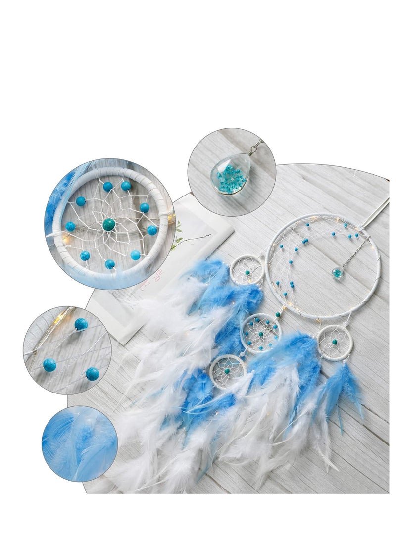 LED Light Up Dream Catcher Half Circle Moon Decor with Lights Handmade Feather Dreamcatchers for Bedroom Bohemian Home Wedding Ornament Craft Gift, Blue - Image 3